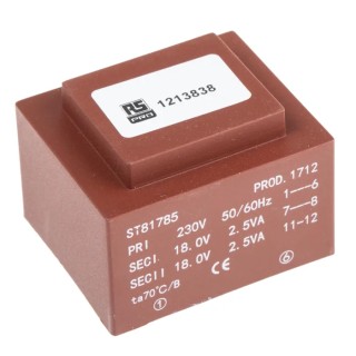 RS PRO 2 x 18 V AC 2 Output PCB Transformer, 230 V AC Primary, 5 VA Power, AS/NZS 61558.2.6, IEC/BS/EN 61558-2-6 121-3838