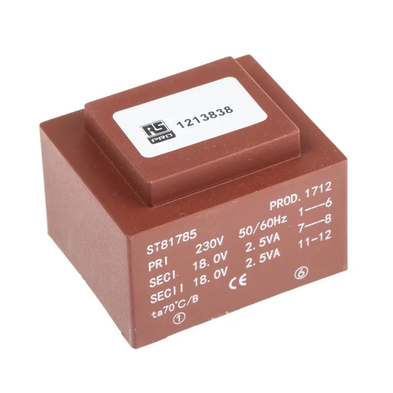 RS PRO 2 x 18 V AC 2 Output PCB Transformer, 230 V AC Primary, 5 VA Power, AS/NZS 61558.2.6, IEC/BS/EN 61558-2-6 121-3838