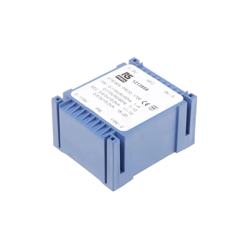 RS PRO 2 x 9 V AC 2 Output PCB Transformer, 230 V/115 V Primary, 30 VA Power, Low Profile PCB Mount 121-3858