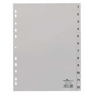 Durable Grey A4 File Divider 12 Tabs with Preprinted Riders 1-12, Polypropylene Sheets 6512-10