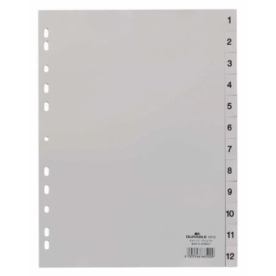 Durable Grey A4 File Divider 12 Tabs with Preprinted Riders 1-12, Polypropylene Sheets 6512-10