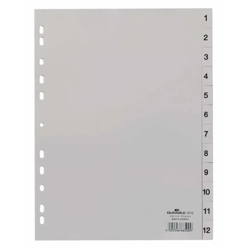 Durable Grey A4 File Divider 12 Tabs with Preprinted Riders 1-12, Polypropylene Sheets 6512-10