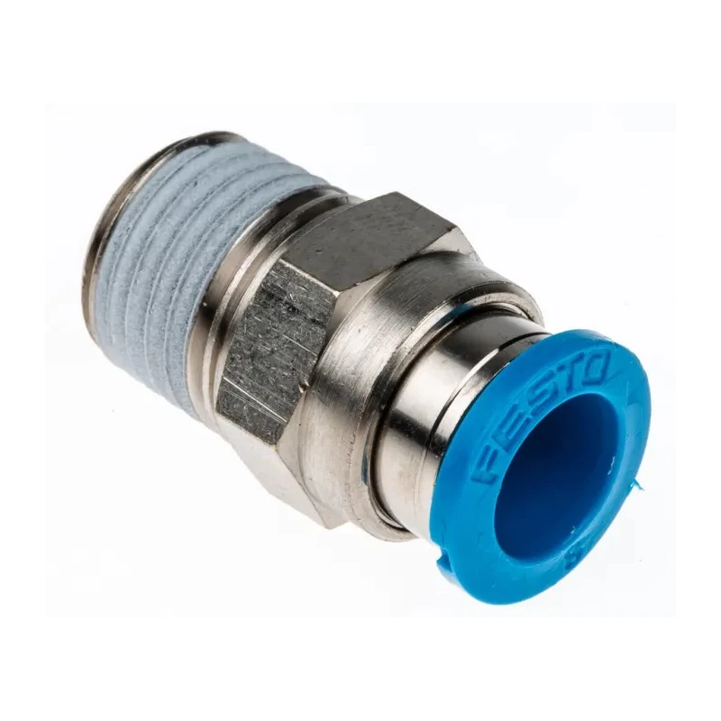 Festo Pneumatic Fitting Male Threaded-to-Tube Push-In Brass 1/4 in R x 8mm Nickel Finish QS-1/4-8
