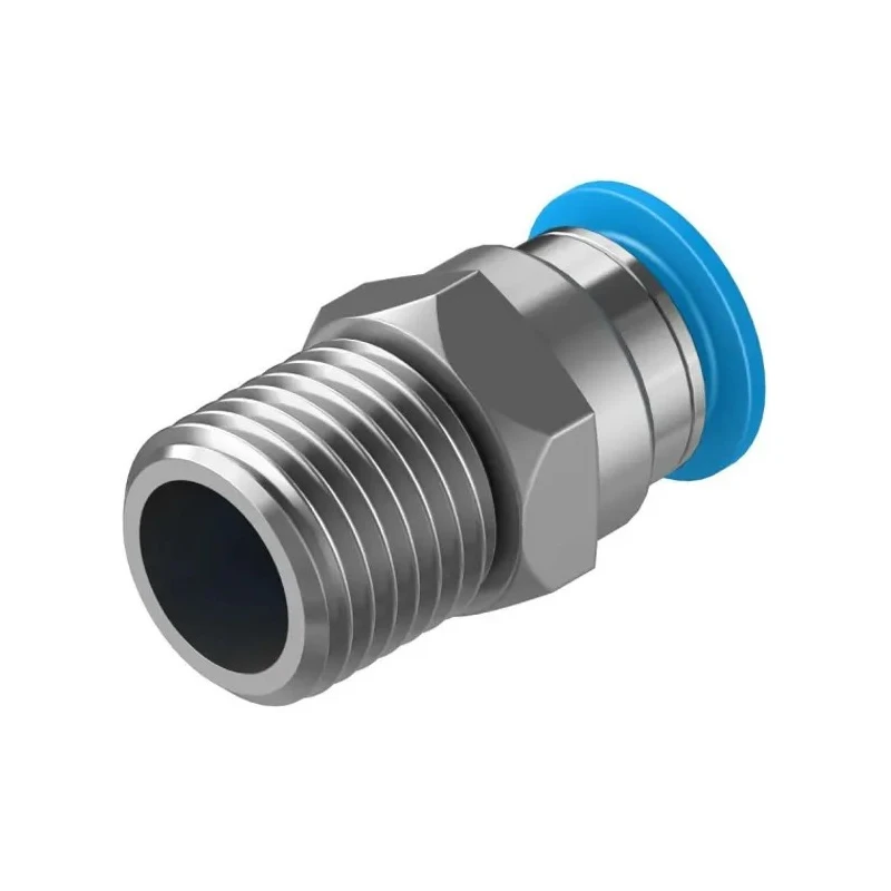 Festo Pneumatic Fitting Male Threaded-to-Tube Push-In Brass 1/4 in R x 8mm Nickel Finish QS-1/4-8