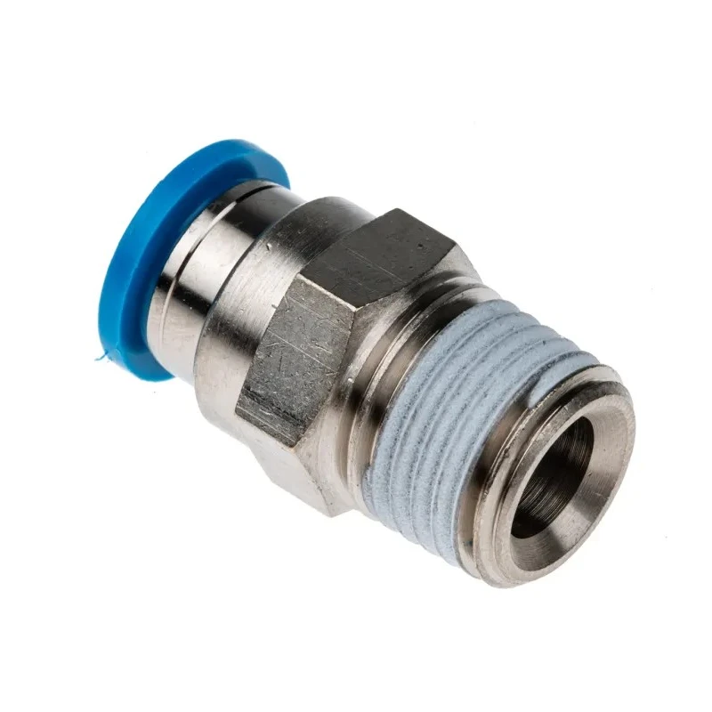 Festo Pneumatic Fitting Male Threaded-to-Tube Push-In Brass 1/4 in R x 8mm Nickel Finish QS-1/4-8