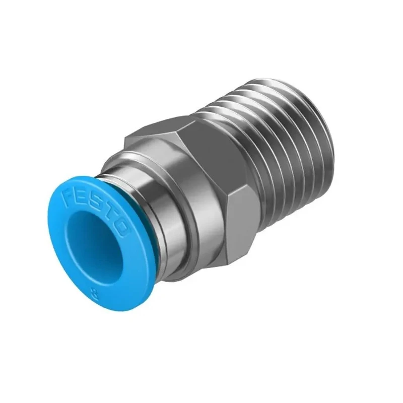 Festo Pneumatic Fitting Male Threaded-to-Tube Push-In Brass 1/4 in R x 8mm Nickel Finish QS-1/4-8