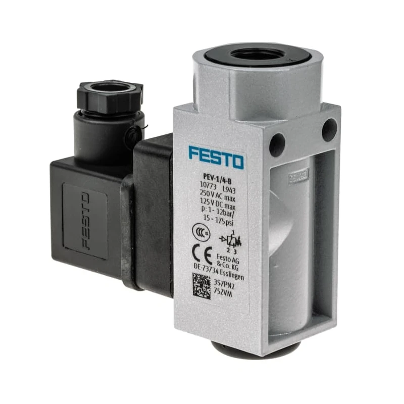Festo Pneumatic Pressure Switch, 1/4 in Port, 1 bar to 12 bar, 125 V, 5 A, IP65, Through Hole Mount, Model PEV-1/4-B