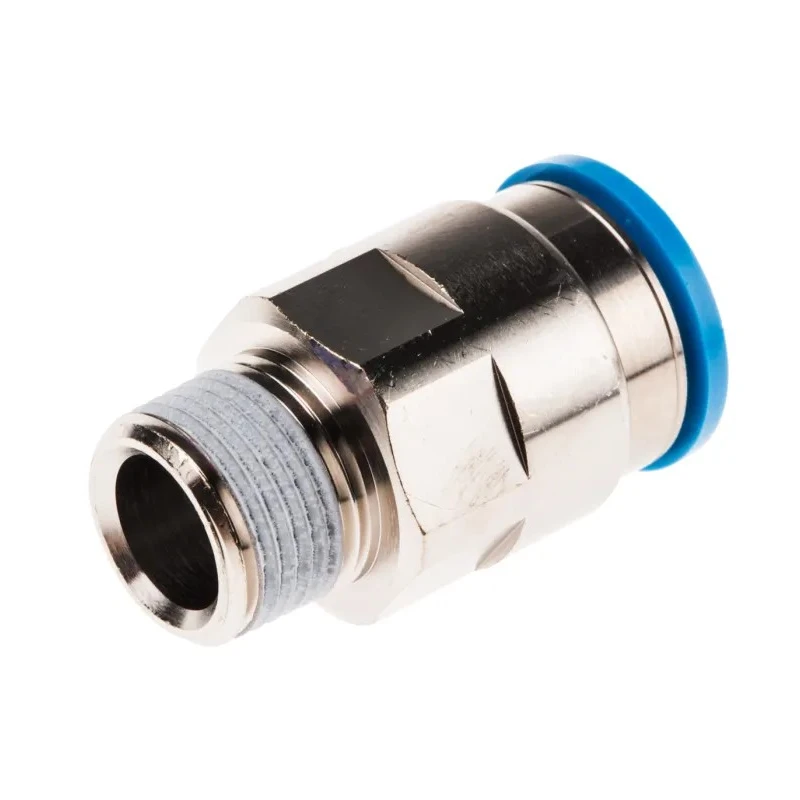 Festo Pneumatic Fitting Brass Push-in Threaded-to-Tube Male R 3/8 in, 16mm Nickel Finish QS-3/8-16