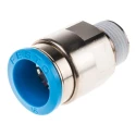 Festo Pneumatic Fitting Brass Push-in Threaded-to-Tube Male R 3/8 in, 16mm Nickel Finish QS-3/8-16