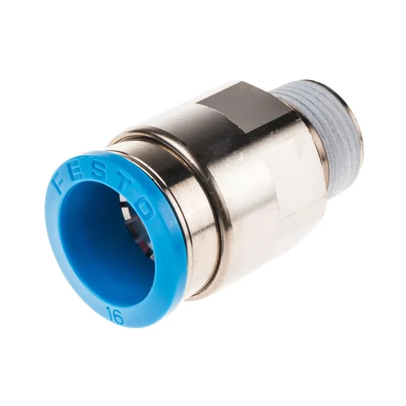 Festo Pneumatic Fitting Brass Push-in Threaded-to-Tube Male R 3/8 in, 16mm Nickel Finish QS-3/8-16