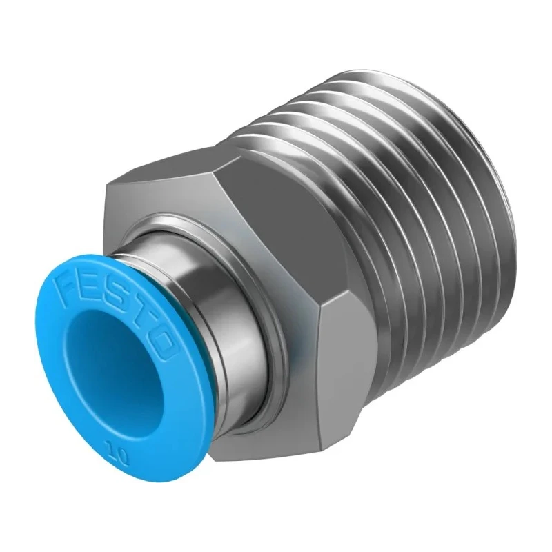 Festo Pneumatic Fitting QS Series 10mm Push-in Tube to 1/2 in R Male Threaded Connection Nickel Finished Brass QS-1/2-10