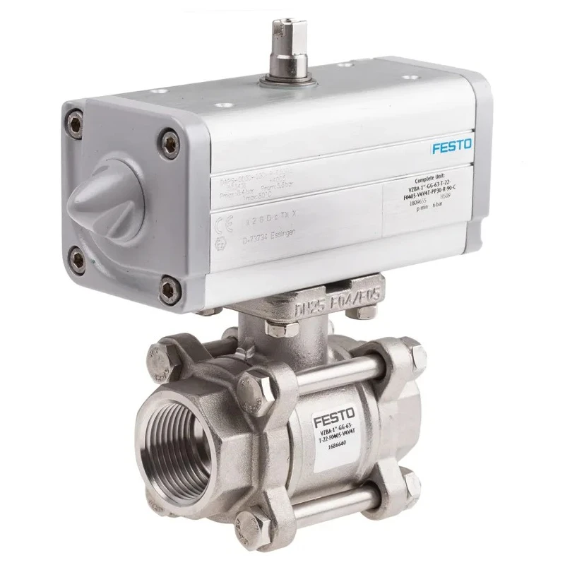 Festo Pneumatic Actuated 3-Way Ball Valve with T-Shaped Hole Stainless Steel Type VZBA-1"-GG-63-T-22-F0405-V4V4T-PP30-R-90-C