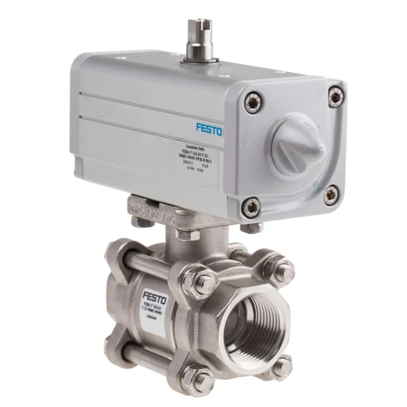 Festo Pneumatic Actuated 3-Way Ball Valve with T-Shaped Hole Stainless Steel Type VZBA-1"-GG-63-T-22-F0405-V4V4T-PP30-R-90-C