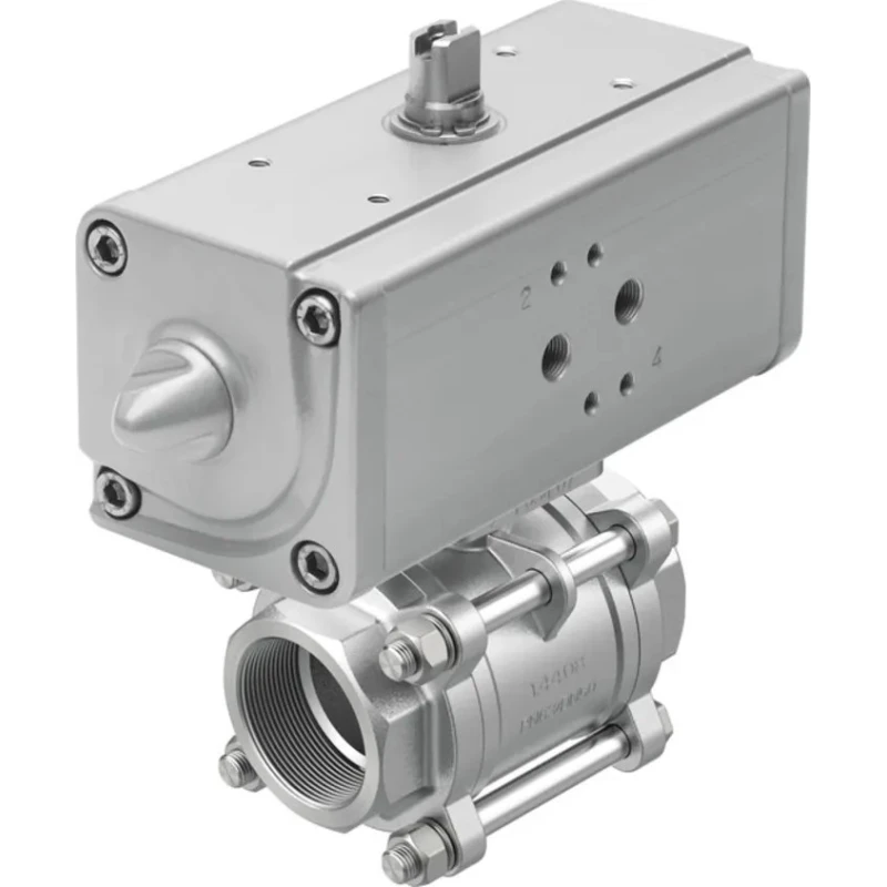 Festo Pneumatic Actuated 3-Way Ball Valve with T-Shaped Hole Stainless Steel Type VZBA-1"-GG-63-T-22-F0405-V4V4T-PP30-R-90-C