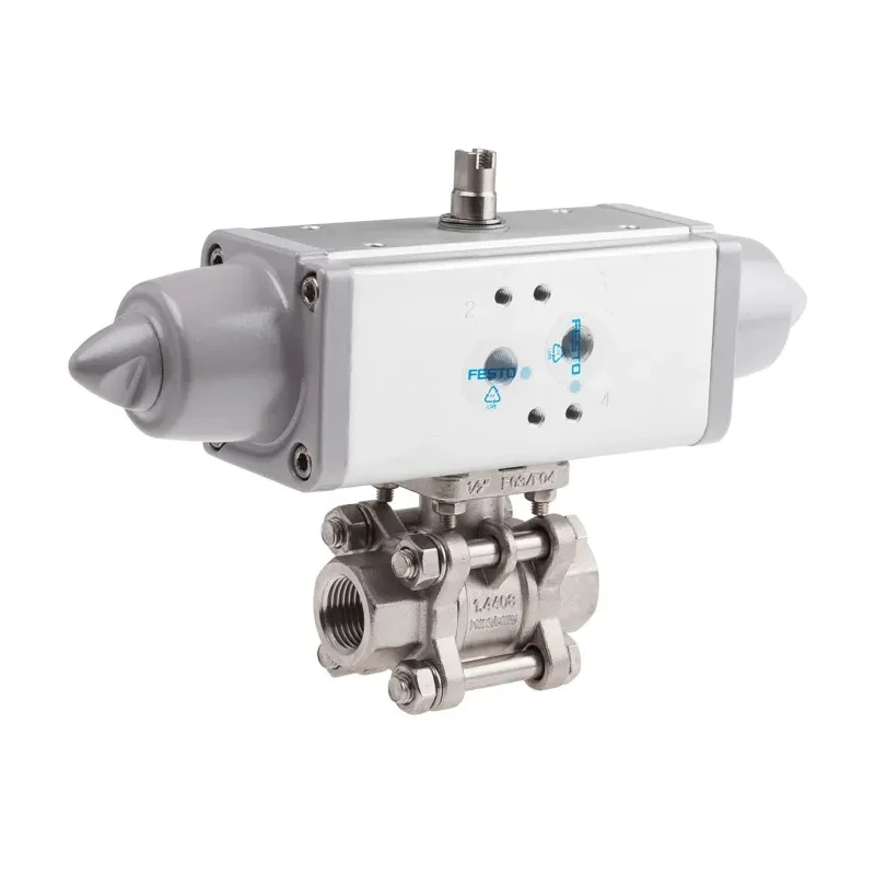 Festo 3-Way Ball Valve with T-Shaped Hole Pneumatic Actuated Valve 5.6 bar VZBA-1/2"-GG-63-T-22-F0304-V4V4T-PS15-R-90-4-C