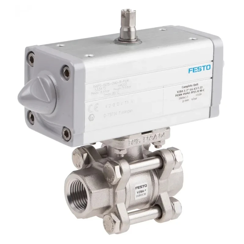 Festo Pneumatic Actuated 3-Way Ball Valve with T-Shaped Hole Stainless Steel 63 VZBA-1/2"-GG-63-T-22-F0304-V4V4T-PP15-R-90-C