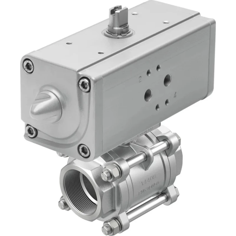 Festo Pneumatic Actuated 3-Way Ball Valve with T-Shaped Hole Stainless Steel 63 VZBA-1/2"-GG-63-T-22-F0304-V4V4T-PP15-R-90-C