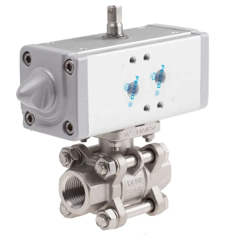 Festo Pneumatic Actuated 3-Way Ball Valve with T-Shaped Hole Stainless Steel 63 VZBA-1/2"-GG-63-T-22-F0304-V4V4T-PP15-R-90-C