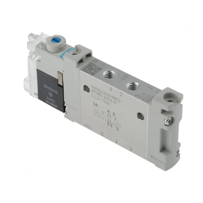 Festo 5/2 Solenoid Valve, Single Solenoid/Spring Actuation, Metric M5 Port, Aluminium Alloy Body VUVG-LK10-M52-AT-M5-1H2L-S