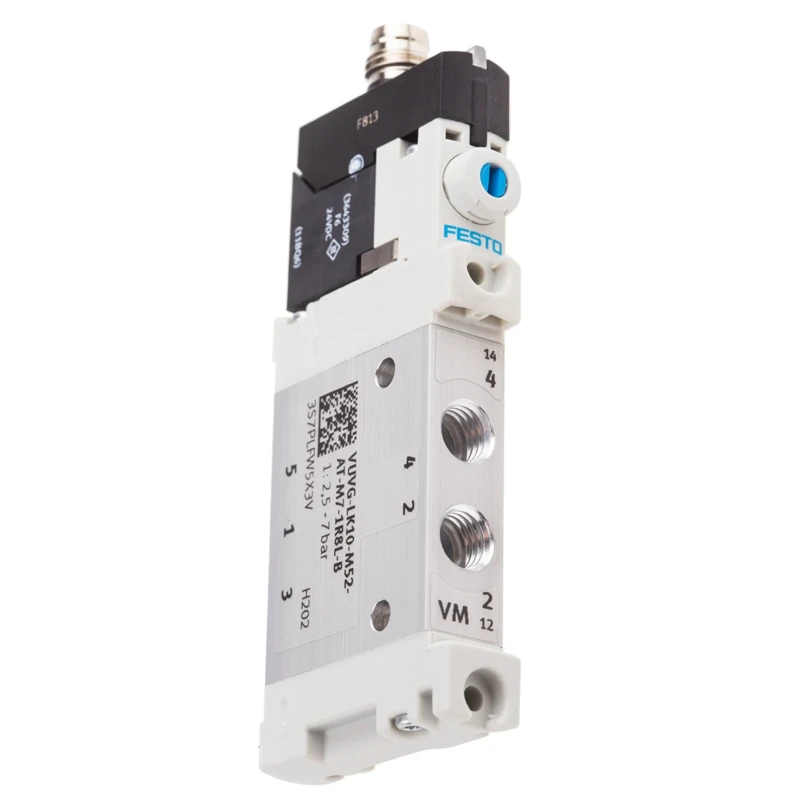 Festo Pneumatic 5/2 Solenoid Valve Single Solenoid/Spring Actuation M7 Port 24V DC Aluminium Body VUVG-LK10-M52-AT-M7-1R8L-S