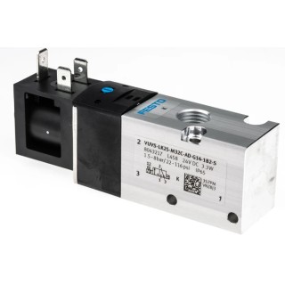 Festo Pneumatic 3/2 Solenoid Valve G 1/4, 24V DC, Single Solenoid, Aluminium Alloy Body VUVS-LK25-M32C-AD-G14-1B2-S