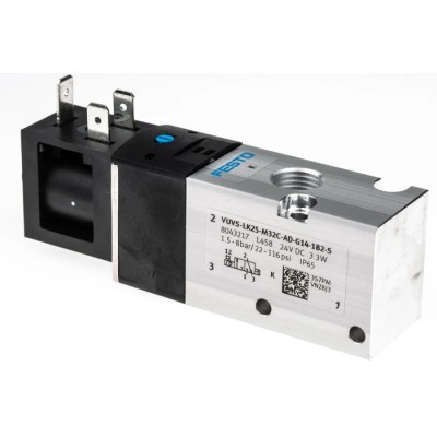 Festo Pneumatic 3/2 Solenoid Valve G 1/4, 24V DC, Single Solenoid, Aluminium Alloy Body VUVS-LK25-M32C-AD-G14-1B2-S