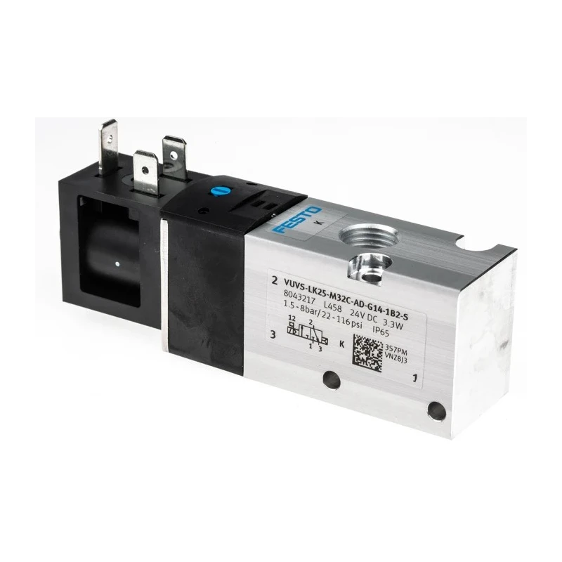 Festo Pneumatic 3/2 Solenoid Valve G 1/4, 24V DC, Single Solenoid, Aluminium Alloy Body VUVS-LK25-M32C-AD-G14-1B2-S