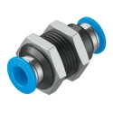 Festo Pneumatic Fitting Push-in Bulkhead Tube-to-Tube Adaptor, Nickel Plated Brass, Nitrile Rubber, 8 mm, 14 bar, -10 QSS-8