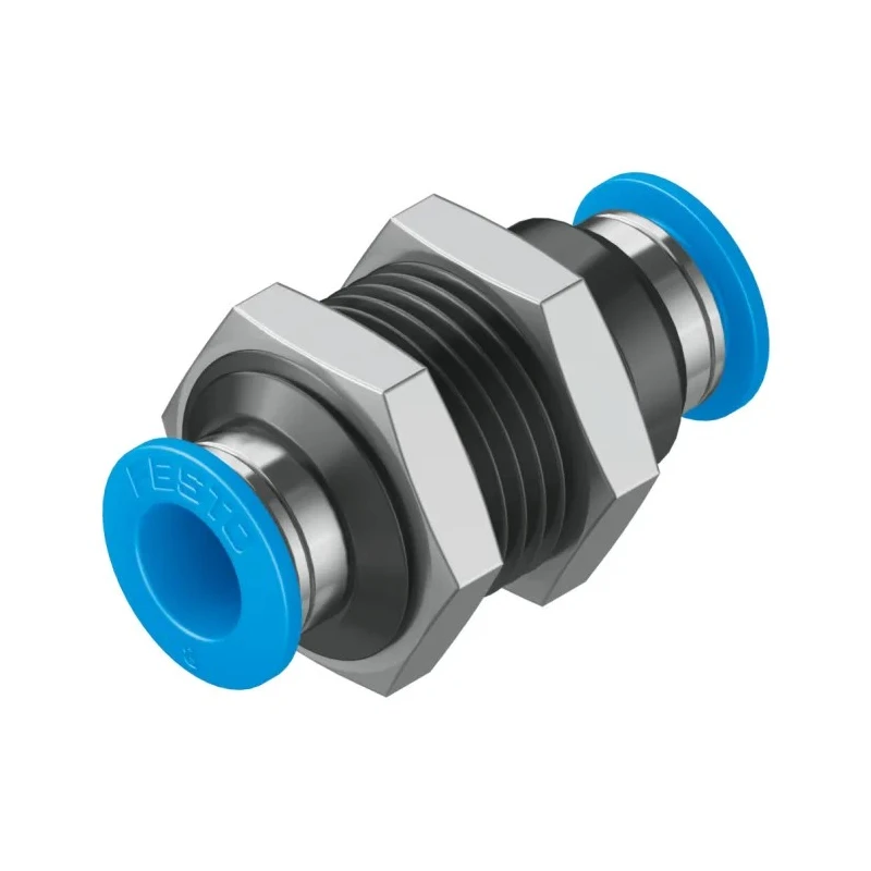 Festo Pneumatic Fitting Push-in Bulkhead Tube-to-Tube Adaptor, Nickel Plated Brass, Nitrile Rubber, 8 mm, 14 bar, -10 QSS-8