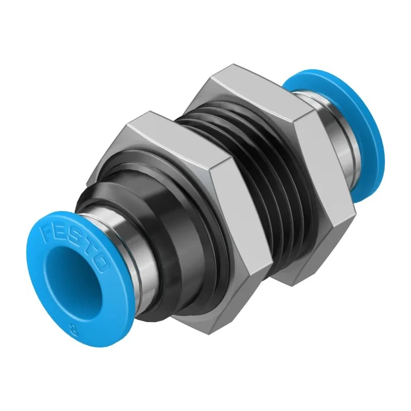 Festo Pneumatic Fitting Push-in Bulkhead Tube-to-Tube Adaptor, Nickel Plated Brass, Nitrile Rubber, 8 mm, 14 bar, -10 QSS-8
