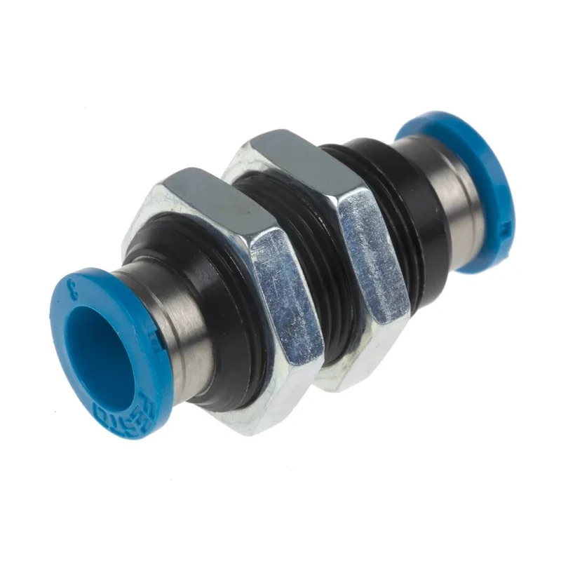 Festo Pneumatic Fitting Push-in Bulkhead Tube-to-Tube Adaptor, Nickel Plated Brass, Nitrile Rubber, 8 mm, 14 bar, -10 QSS-8