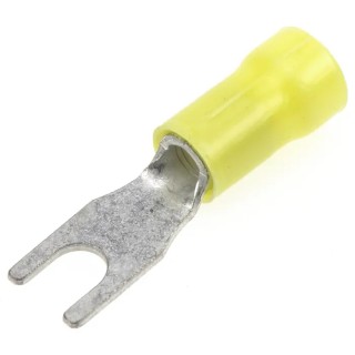 TE Connectivity PLASTI-GRIP Insulated Fork Terminal, 12 AWG to 10 AWG, M4 Stud Size, Vinyl Insulation, Yellow 165015-0