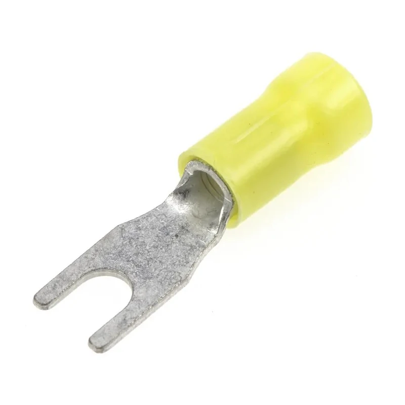 TE Connectivity PLASTI-GRIP Insulated Fork Terminal, 12 AWG to 10 AWG, M4 Stud Size, Vinyl Insulation, Yellow 165015-0