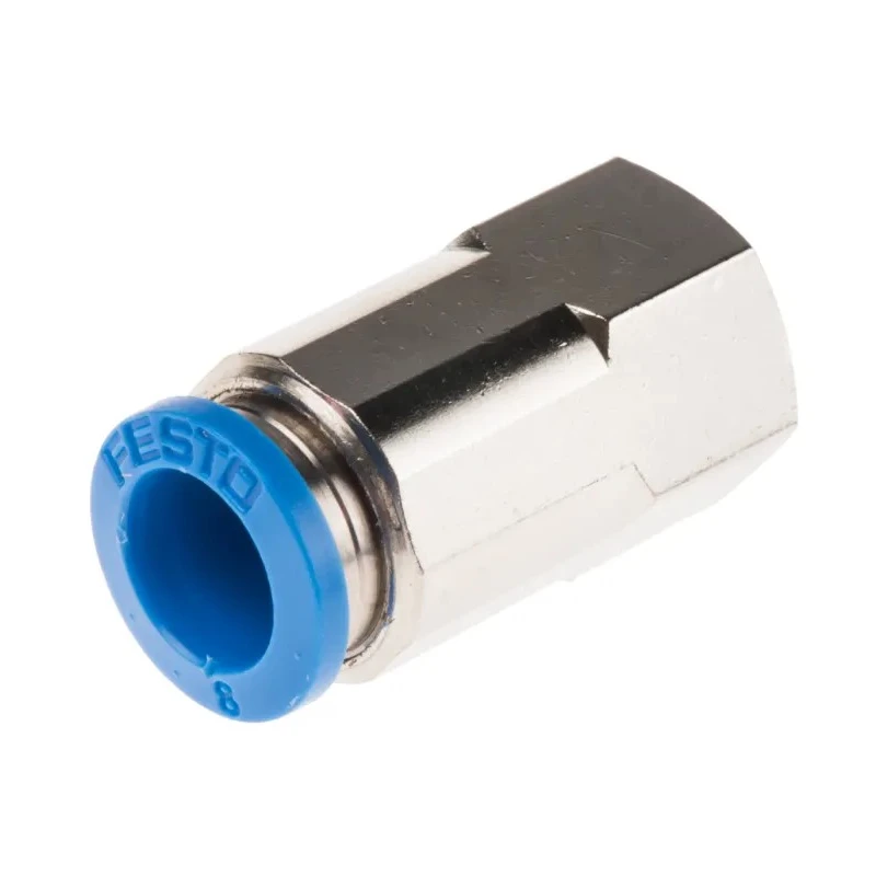 Festo Pneumatic Fitting 8mm Push-in Female Threaded-to-Tube, 1/8 in G Thread, Brass Nickel Finish QSF-1/8-8-B