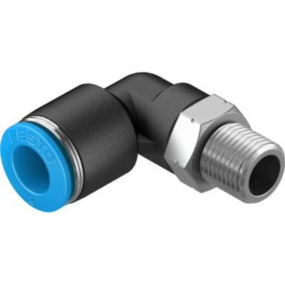 Festo Nickel Plated Brass Pneumatic Fitting, R 1/8 in Threaded-to-Tube, 8mm Push-in, 90° Angle QSL-1/8-8