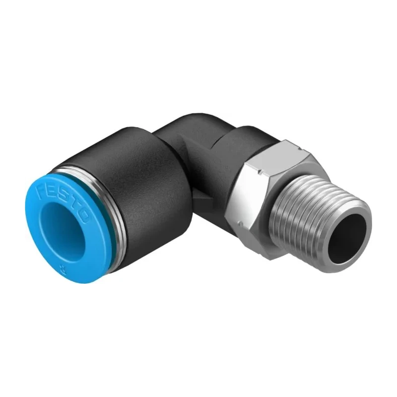 Festo Nickel Plated Brass Pneumatic Fitting, R 1/8 in Threaded-to-Tube, 8mm Push-in, 90° Angle QSL-1/8-8