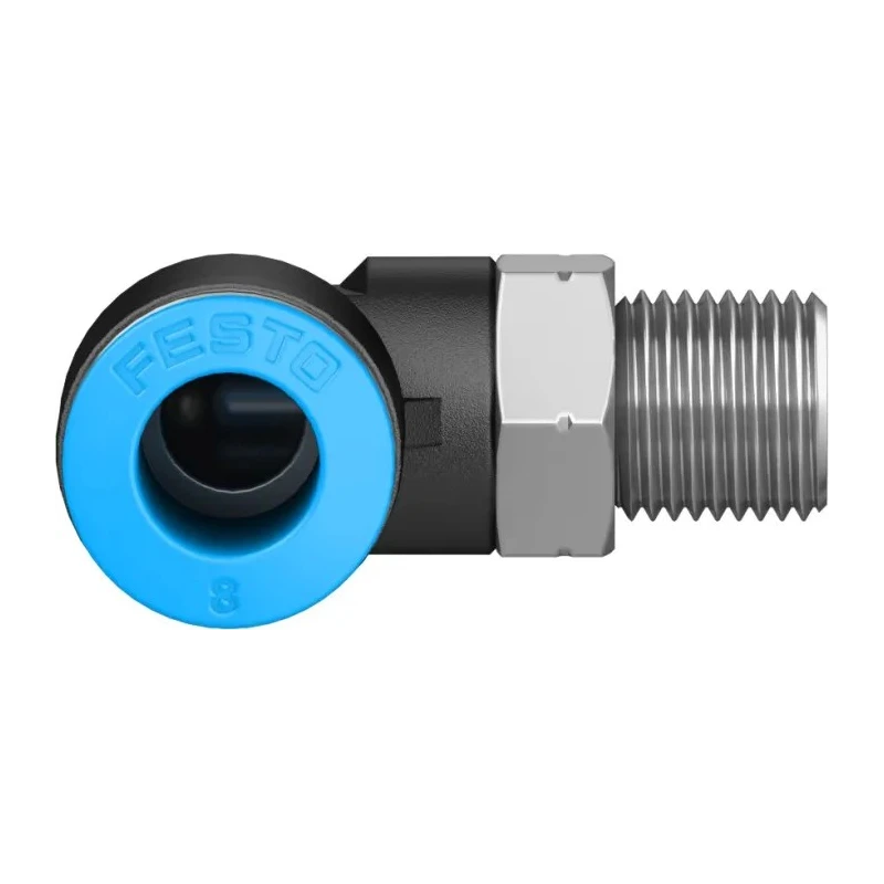Festo Nickel Plated Brass Pneumatic Fitting, R 1/8 in Threaded-to-Tube, 8mm Push-in, 90° Angle QSL-1/8-8