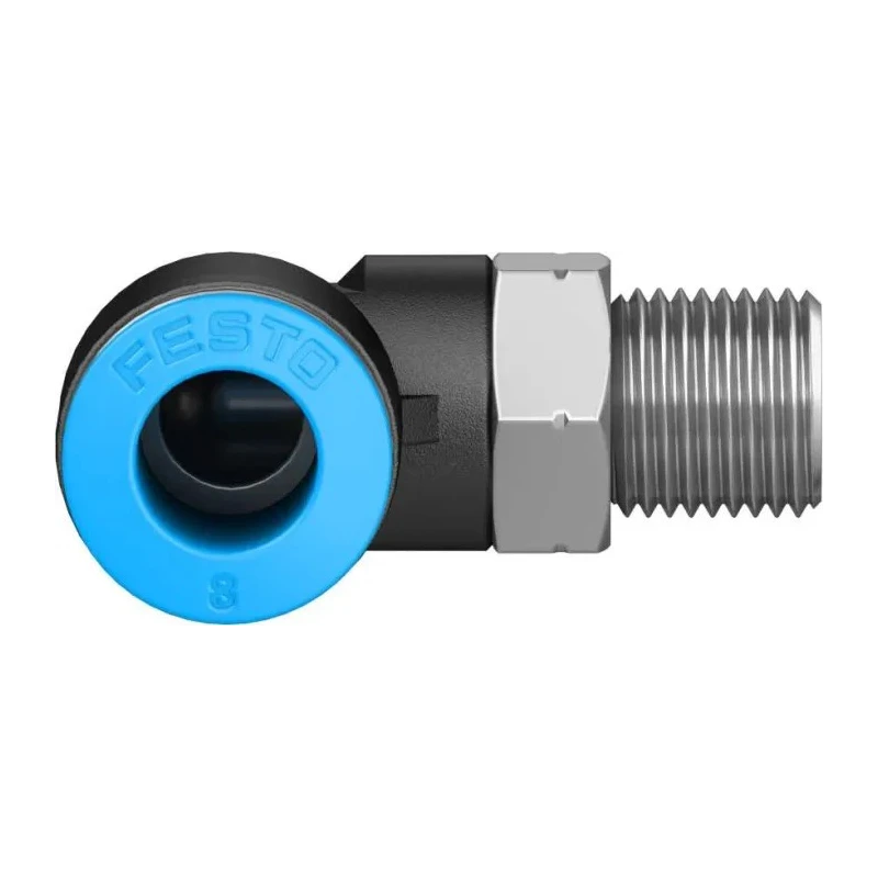 Festo Nickel Plated Brass Pneumatic Fitting, R 1/8 in Threaded-to-Tube, 8mm Push-in, 90° Angle QSL-1/8-8