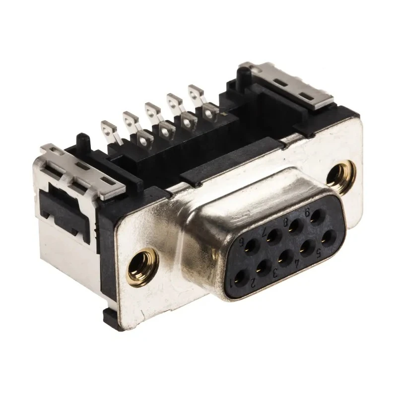 Provertha TMC 9 Way Right Angle 2.74 mm Pitch Surface D-Sub Connector with 4-40 UNC Insert Female 154236