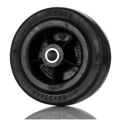 Tente Black Rubber Trolley Wheel, 70 kg Load Capacity, 80 mm Diameter, 35 mm Width, Plain Bore Hub PVO080-12LM44