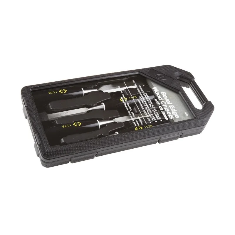CK Chrome Vanadium Steel Wood Chisel Set with 4 Blades 6, 13, 19, 25 mm and Silicon Carbide Oilstone T1180