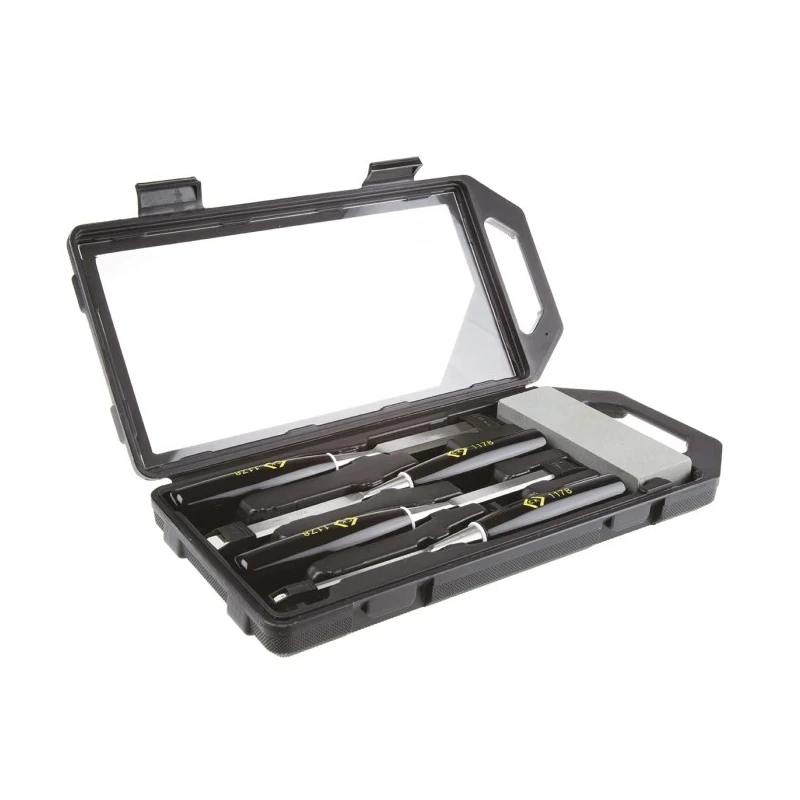 CK Chrome Vanadium Steel Wood Chisel Set with 4 Blades 6, 13, 19, 25 mm and Silicon Carbide Oilstone T1180