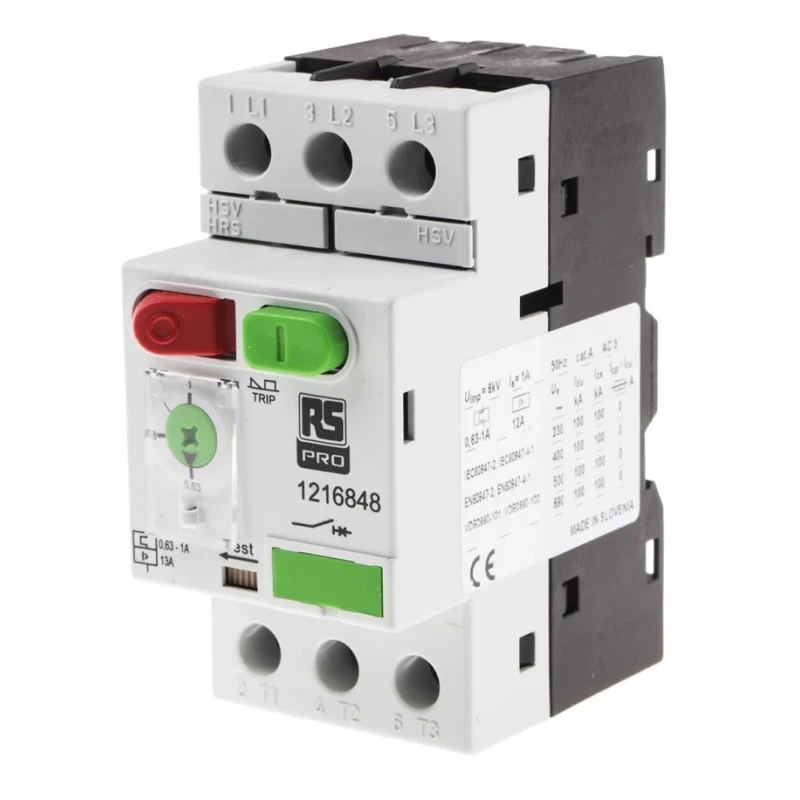 RS PRO Motor Protection Circuit Breaker 630 mA, 1A, 690V, 3 Poles, IP40, IP20, -25°C to 60°C, MS32 Series 121-6848
