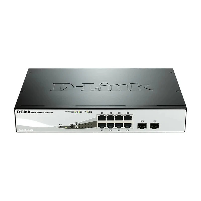 D-Link 10-Port Gigabit Smart Managed PoE Ethernet Switch Rack Mount 8 RJ45 Ports 2 SFP Ports DGS-1210-08P