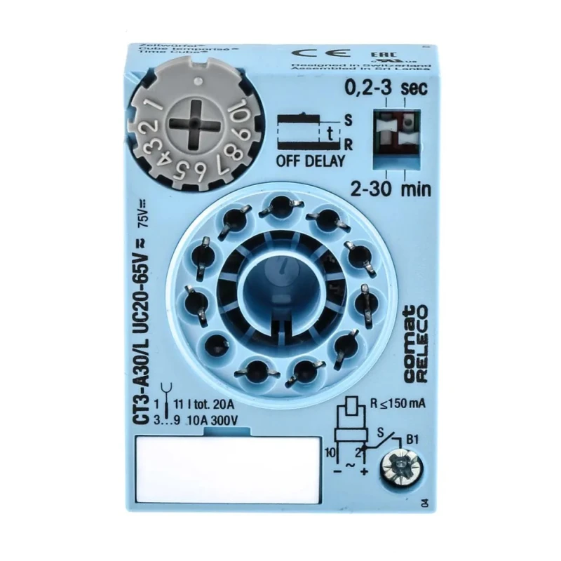 Releco Timer Relay 3-Contact 220 V dc, 20 V ac, 65 V ac, Time Range 0.2 to 30 min and 0.2 to 30 s, 1-Function, 3 CO CT3-A