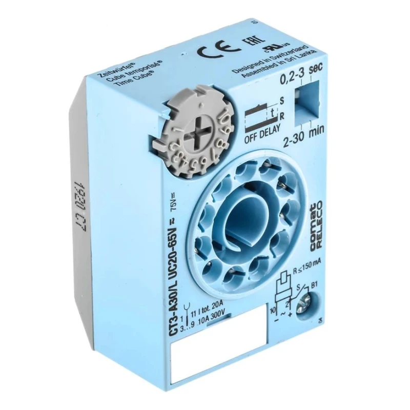 Releco Timer Relay 3-Contact 220 V dc, 20 V ac, 65 V ac, Time Range 0.2 to 30 min and 0.2 to 30 s, 1-Function, 3 CO CT3-A
