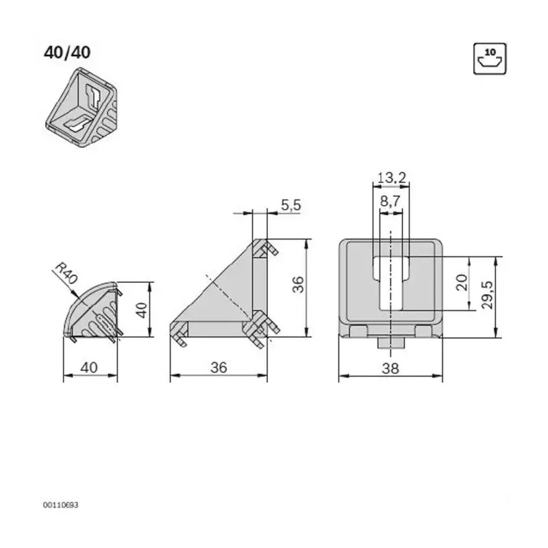 Bosch Rexroth Black Polypropylene Angle Bracket Cap 40 x 40 mm Strut Profile 10 mm Groove 3842548855
