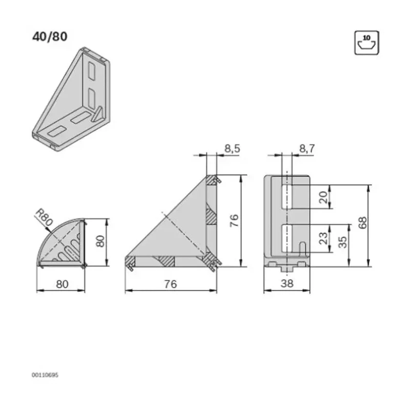 Bosch Rexroth Black Polypropylene Angle Bracket Cap 40 x 80 mm Strut Profile, 10 mm Groove 3842548857