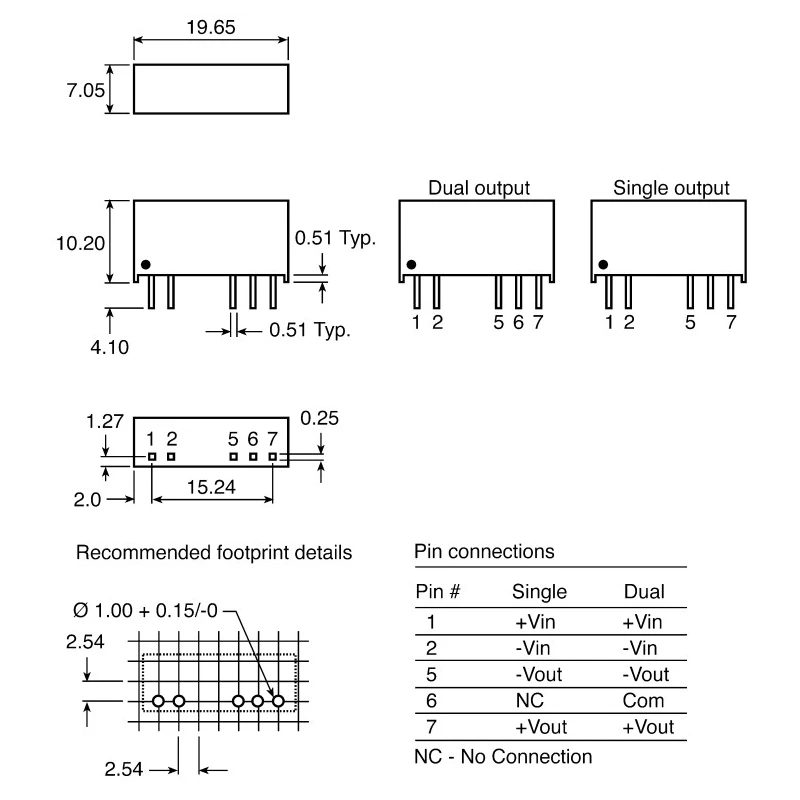 Recom DC/DC Converter 15V DC Output 66mA 5V DC Input 4.5V Minimum Input 1W Through Hole Mount RP-0515S