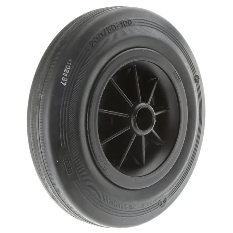 Tente Black Rubber Trolley Wheel 200mm Diameter 50mm Width 20mm Bore Plain Bore Hub 205 kg Load Capacity PVO200/50X20LM58